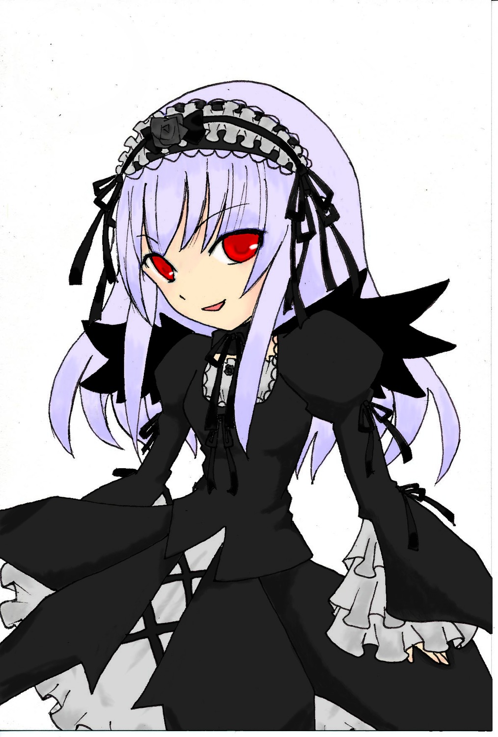 1girl :d bangs black_dress black_ribbon cowboy_shot dress frilled_sleeves frills hairband image juliet_sleeves long_hair long_sleeves looking_at_viewer open_mouth puffy_sleeves red_eyes ribbon simple_background smile solo suigintou white_background wings