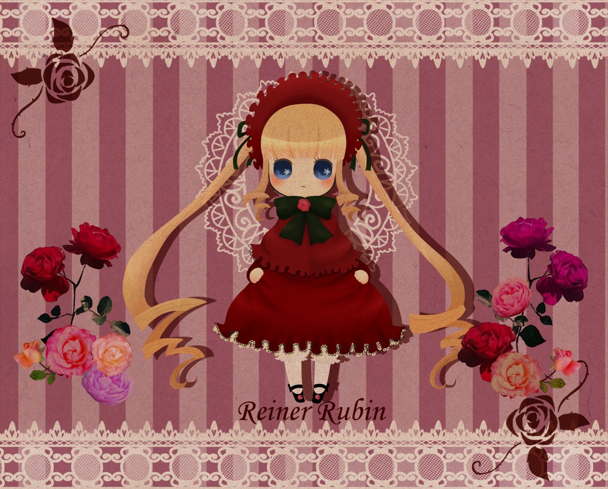 1girl blonde_hair blue_eyes bonnet bow dress flower image long_hair looking_at_viewer pink_flower pink_rose red_dress red_flower red_rose rose shinku solo striped striped_background vertical_stripes yellow_rose