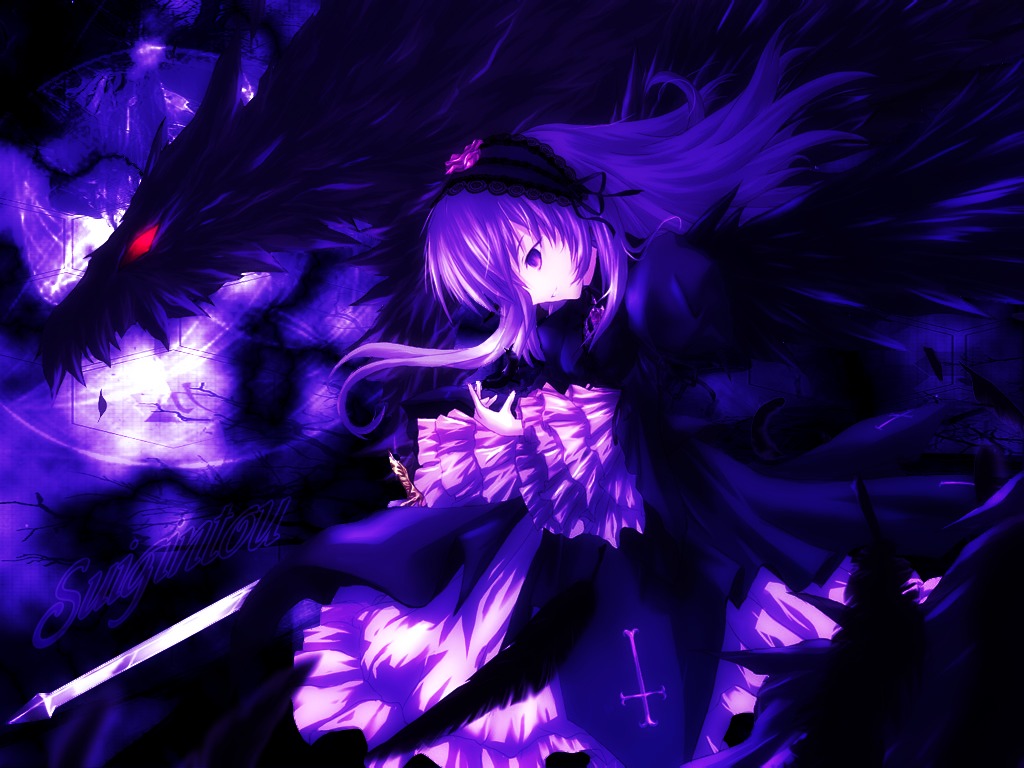 1girl auto_tagged black_wings dress feathers frills hairband image long_hair long_sleeves solo suigintou wings
