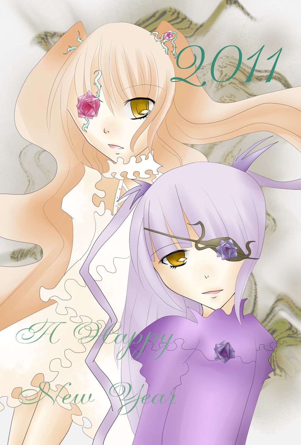 2girls barasuishou dress eyepatch flower image kirakishou long_hair multiple_girls pair purple_hair yellow_eyes