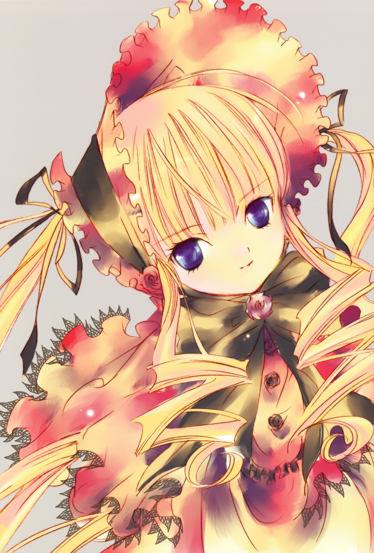 1girl auto_tagged blonde_hair blue_eyes bonnet dress drill_hair frills image long_hair long_sleeves looking_at_viewer red_dress shinku sidelocks simple_background solo twin_drills twintails