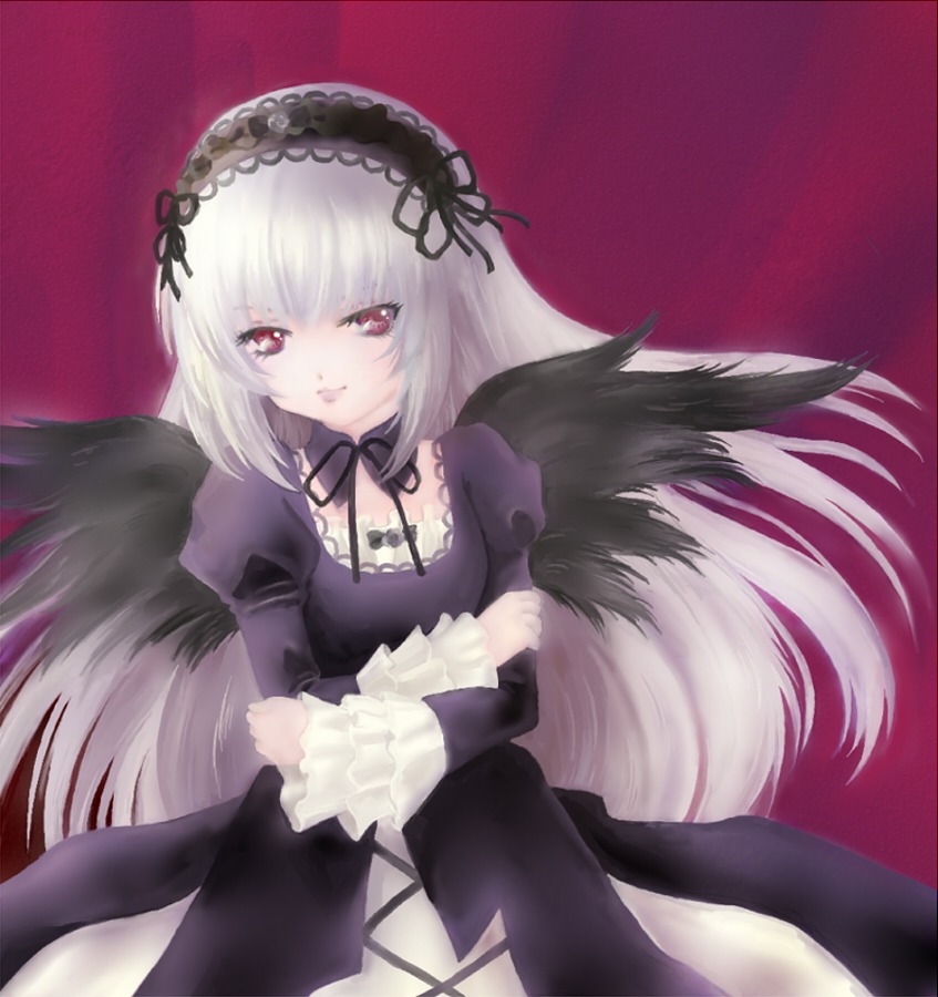 1girl black_wings detached_collar dress frills hairband image lolita_hairband long_hair long_sleeves looking_at_viewer puffy_sleeves red_background red_eyes silver_hair simple_background solo suigintou very_long_hair wings