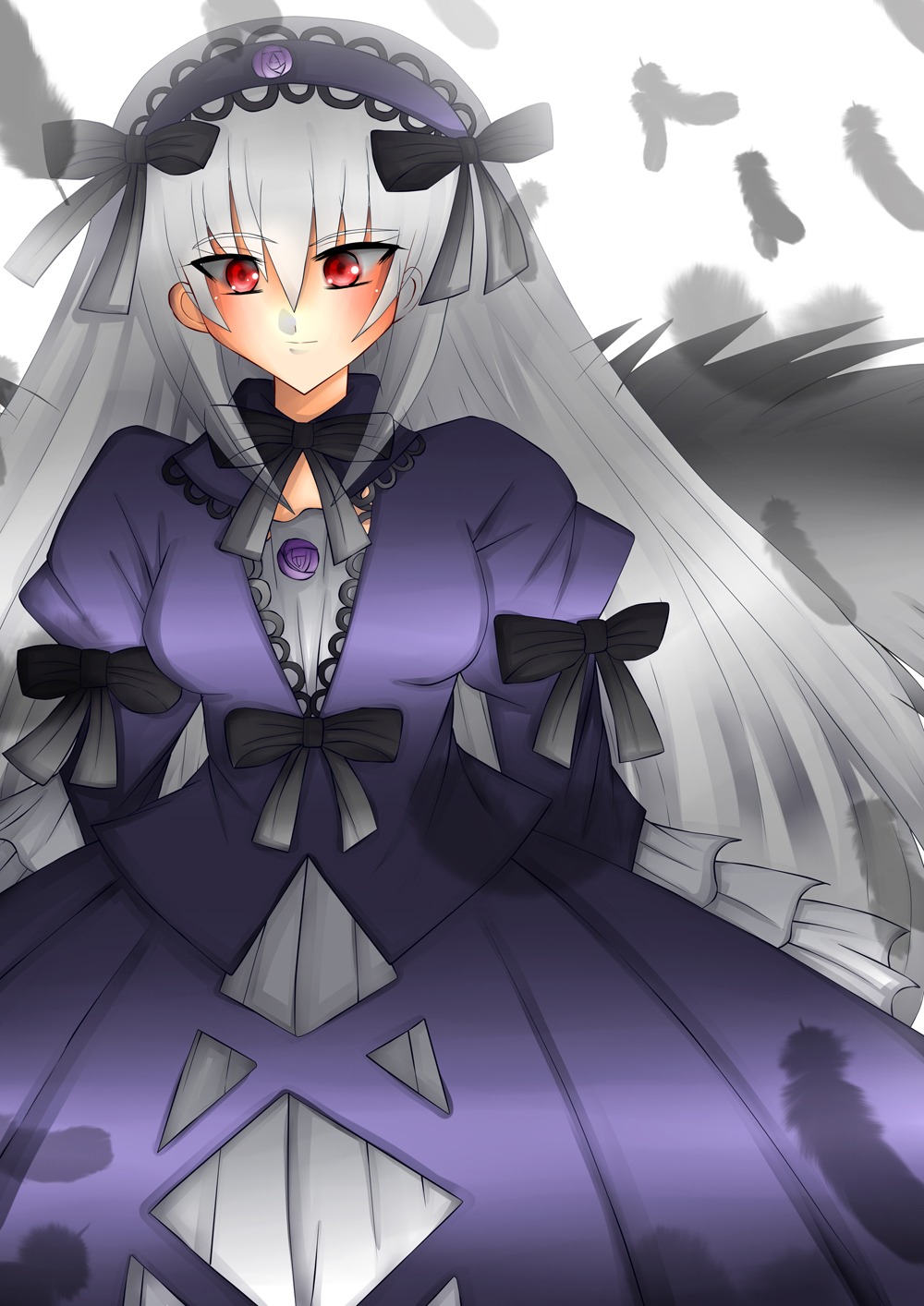 1girl black_wings dress feathers flower frills hairband image juliet_sleeves long_hair long_sleeves looking_at_viewer puffy_sleeves red_eyes rose silver_hair smile solo suigintou very_long_hair wings