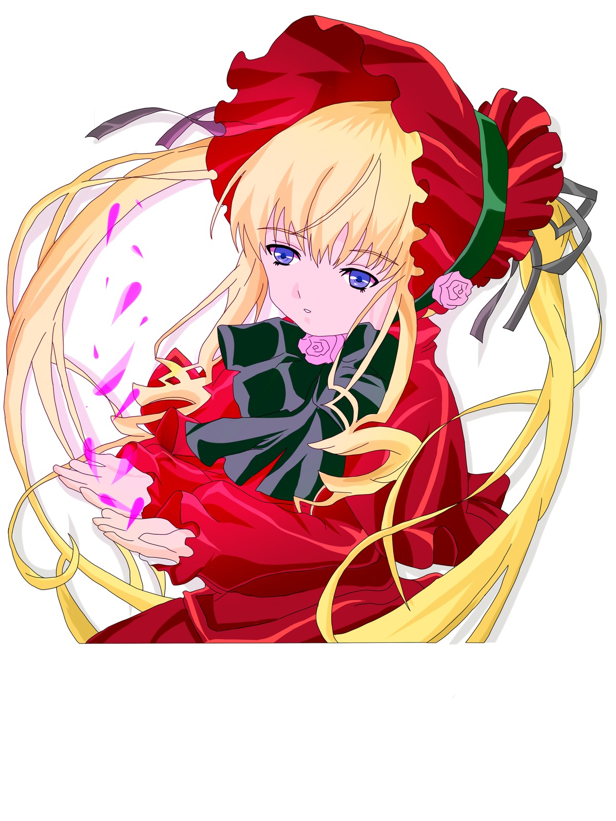 1girl blonde_hair blue_eyes bonnet bow bowtie dress flower green_bow image long_hair long_sleeves looking_at_viewer pink_flower pink_rose red_dress rose shinku simple_background solo twintails upper_body white_background