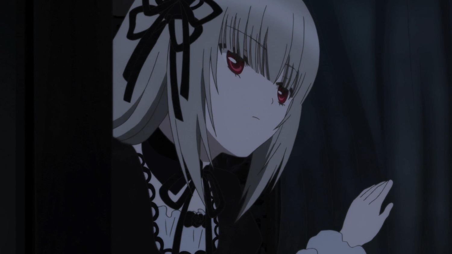 1girl bangs black_ribbon closed_mouth dress expressionless eyebrows_visible_through_hair hair_ribbon hairband image looking_at_viewer red_eyes ribbon solo suigintou