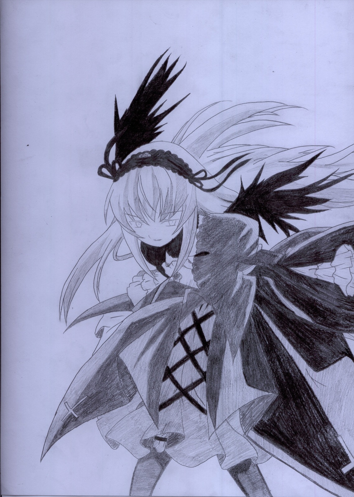 1girl black_wings dress feathered_wings flower frilled_sleeves frills hairband image long_hair long_sleeves looking_at_viewer monochrome ribbon rose simple_background solo suigintou traditional_media wings