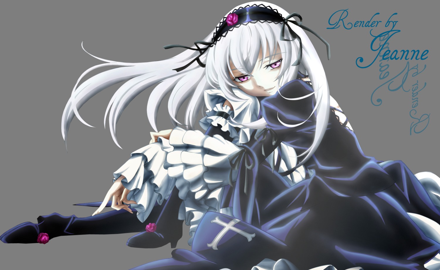 1girl dress flower frilled_sleeves frills hairband image lolita_hairband long_hair long_sleeves pink_eyes ribbon rose silver_hair solo suigintou wings