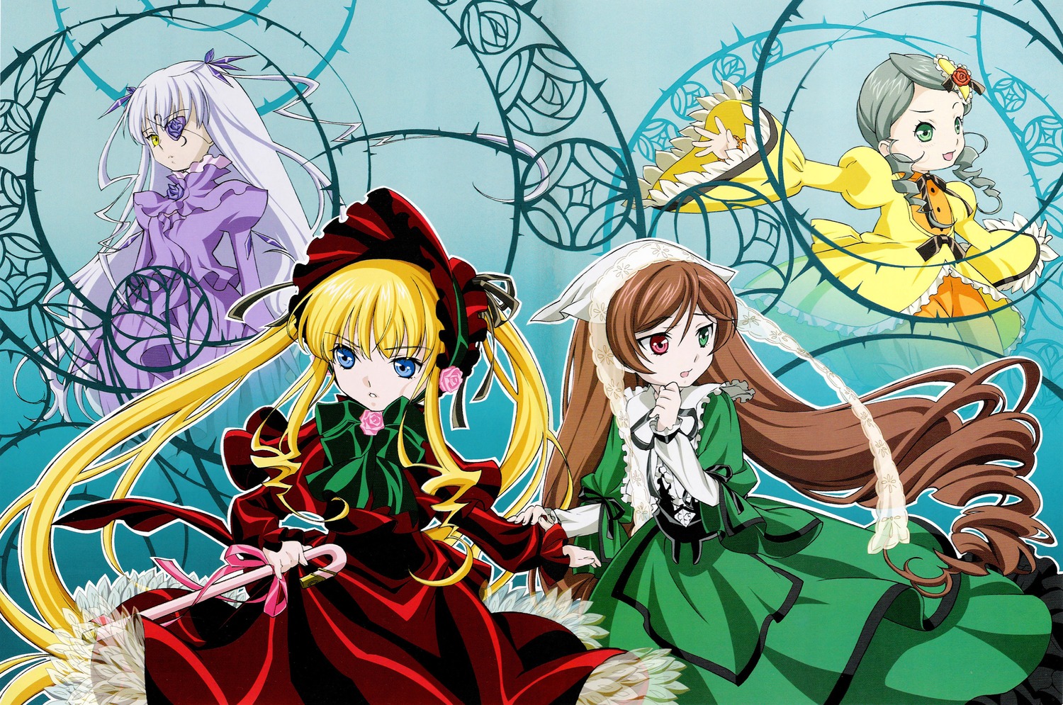 4girls absurdres artist_request barasuishou blonde_hair blue_eyes bonnet bow bowtie brown_hair dress drill_hair flower frills green_bow green_dress green_eyes green_hair hat head_scarf heterochromia highres image kanaria long_hair long_sleeves looking_at_viewer multiple multiple_girls official_art photoshop_(medium) red_dress red_eyes rozen_maiden shinku silver_hair suigintou suiseiseki tagme twin_drills twintails very_long_hair