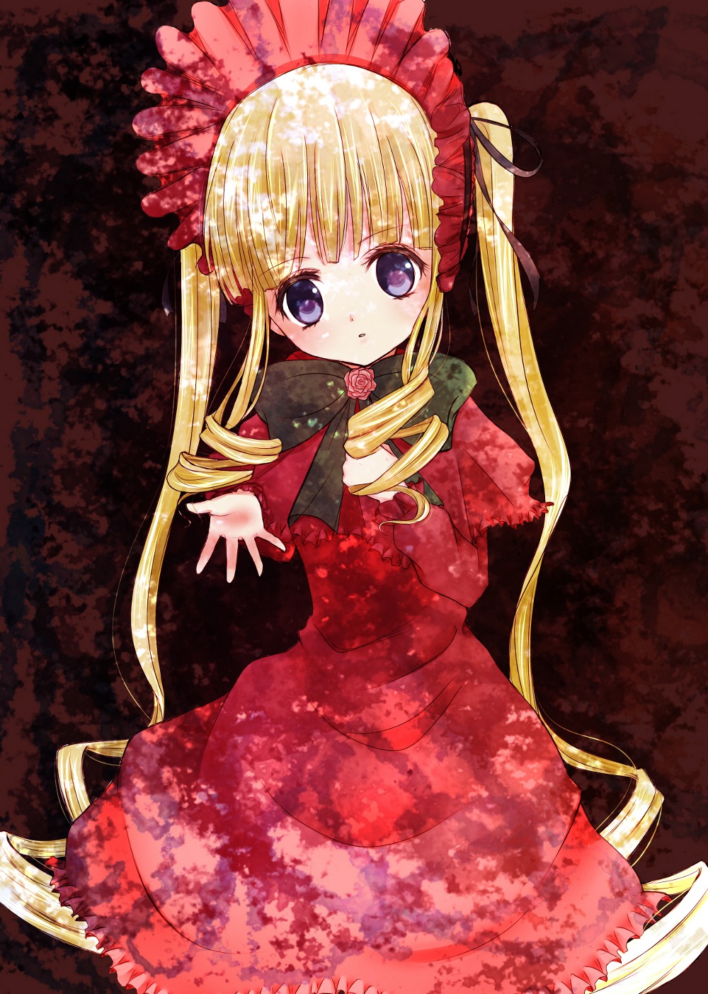 1girl blonde_hair blue_eyes bonnet bow dress drill_hair flower image long_hair long_sleeves looking_at_viewer red_dress rose shinku sidelocks sitting solo twin_drills twintails very_long_hair