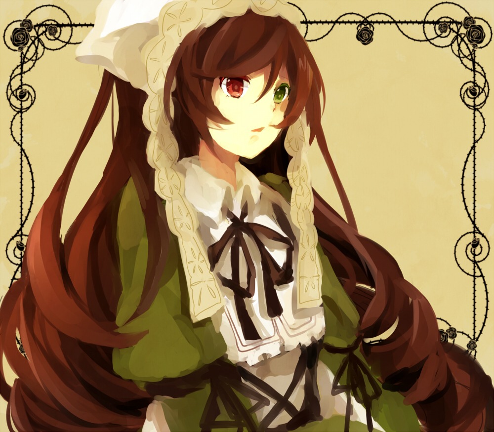 1girl black_ribbon brown_hair dress frills green_dress head_scarf heterochromia image long_hair long_sleeves red_eyes ribbon simple_background solo suiseiseki upper_body very_long_hair yellow_background