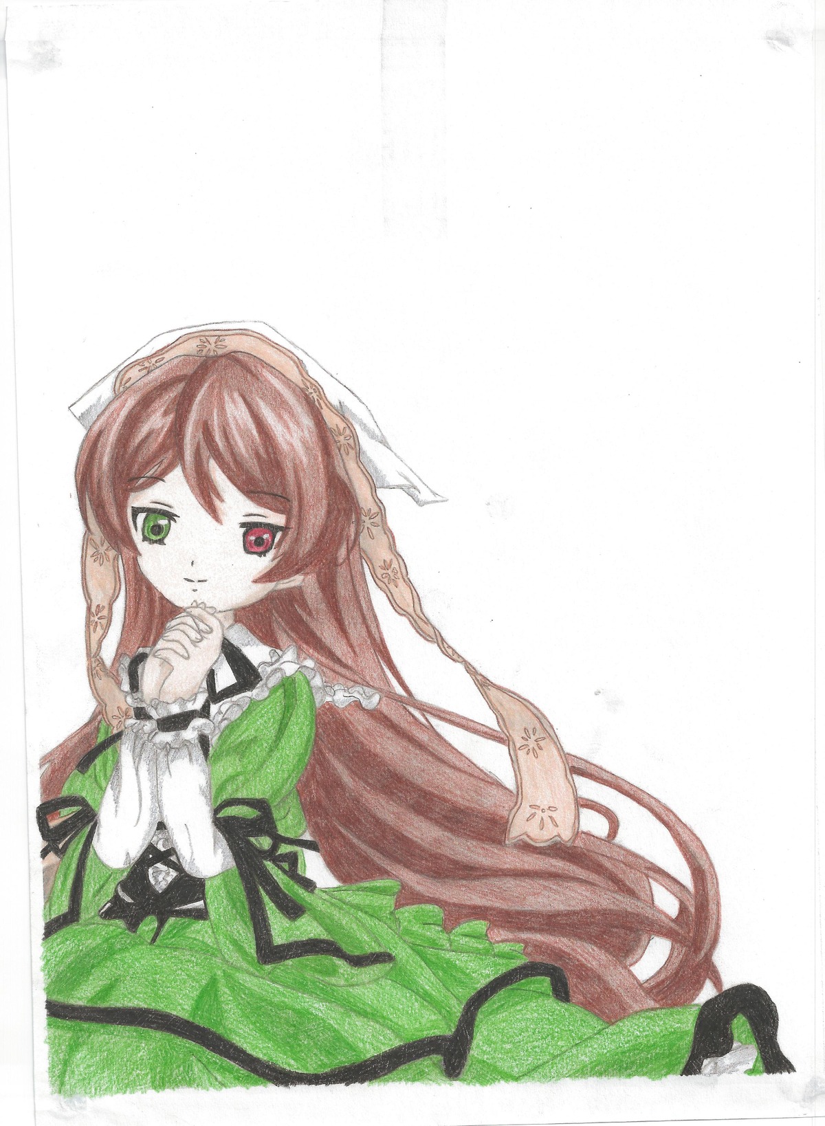 1girl brown_hair dress frills green_dress green_eyes hat head_scarf heterochromia image long_hair long_sleeves looking_at_viewer red_eyes simple_background solo suiseiseki very_long_hair white_background