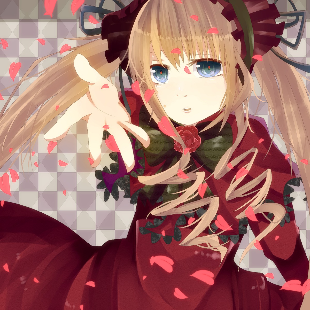 1girl argyle argyle_background blonde_hair blue_eyes checkered checkered_background checkered_floor chess_piece drill_hair flower hairband image long_hair outstretched_hand perspective petals red_flower rose rose_petals shinku solo tile_floor tiles twintails