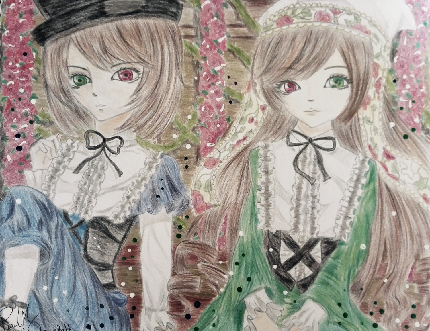 2girls brown_hair dress flower frills green_dress green_eyes hat heterochromia image long_hair long_sleeves looking_at_viewer multiple_girls pair red_eyes ribbon rose short_hair siblings sisters souseiseki suiseiseki traditional_media twins watercolor_(medium)