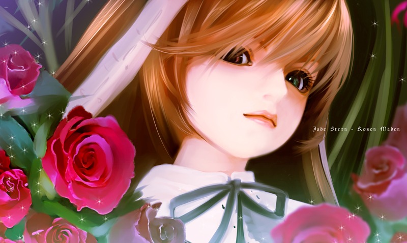 1girl brown_hair close-up face flower image lips long_hair neck_ribbon pink_flower pink_rose red_flower red_rose ribbon rose rozen_maiden solo suiseiseki tsukigami_runa tulip yellow_rose