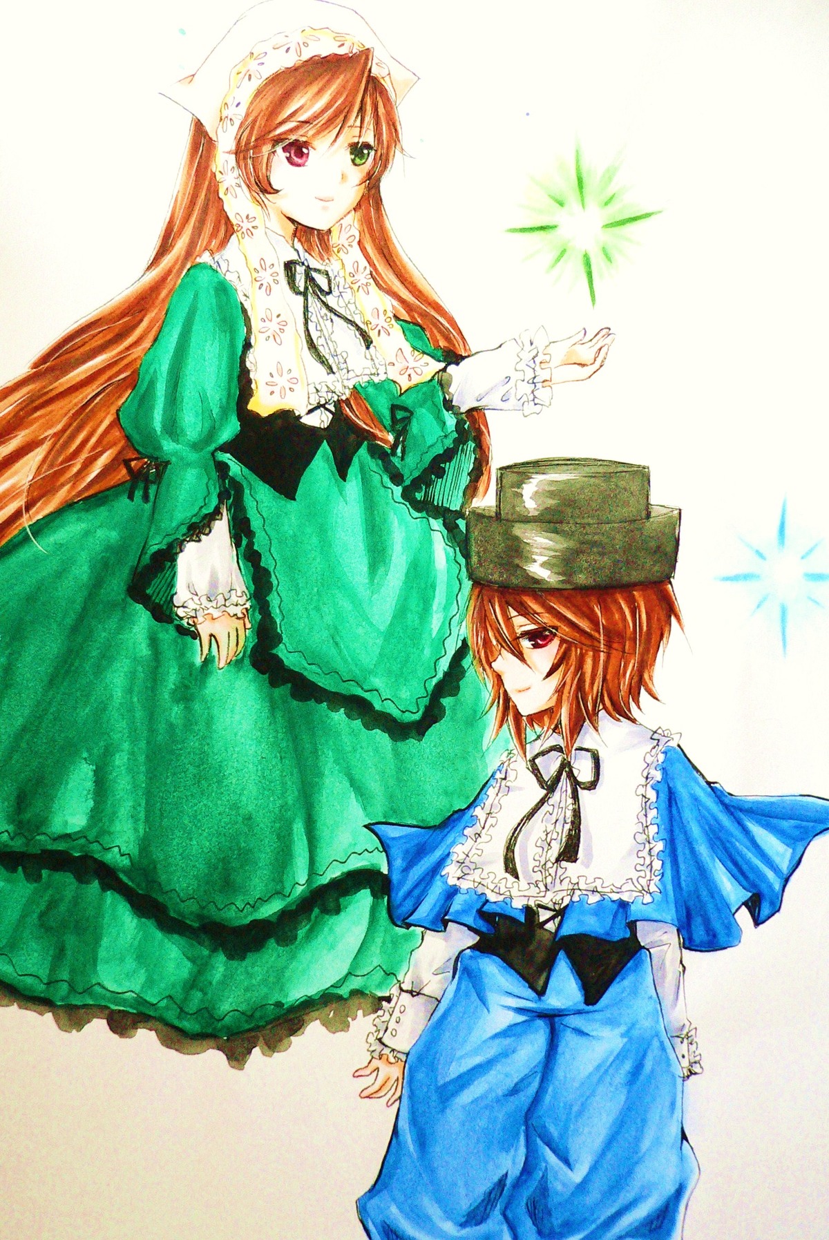 2girls brown_hair dress frills green_dress green_eyes hat head_scarf heterochromia image long_hair long_sleeves looking_at_viewer multiple_girls pair red_eyes short_hair siblings sisters smile souseiseki suiseiseki top_hat twins very_long_hair