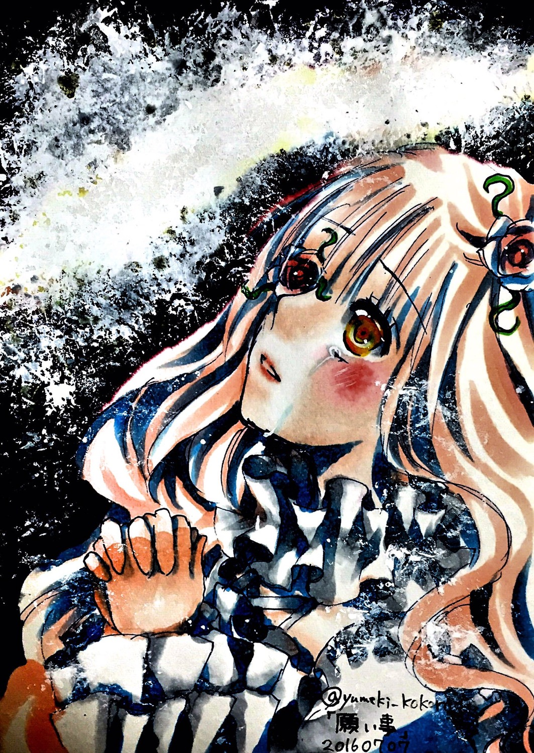 1girl blonde_hair gradient_hair hands_clasped hijiri_byakuren image kirakishou long_hair long_sleeves multicolored_hair own_hands_together solo traditional_media upper_body