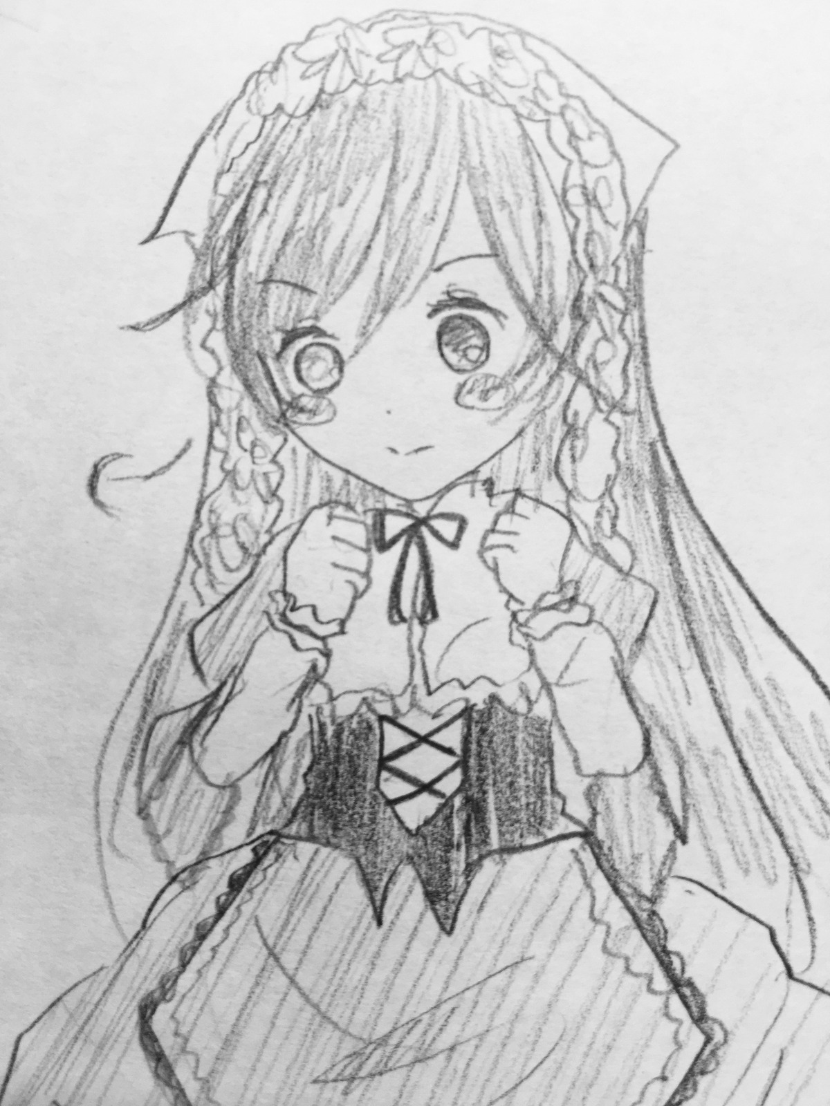 1girl bangs blush braid closed_mouth dress eyebrows_visible_through_hair frills greyscale hair_between_eyes hands_up image long_hair long_sleeves looking_at_viewer monochrome puffy_sleeves smile solo suiseiseki traditional_media veil very_long_hair