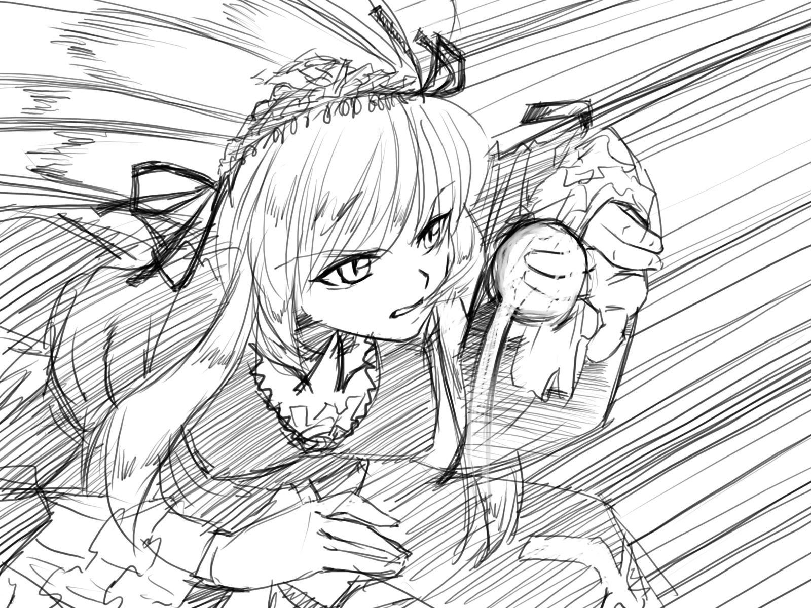 1girl auto_tagged dress greyscale image long_hair long_sleeves monochrome sketch solo suigintou