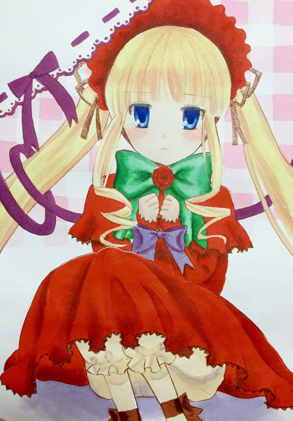 1girl blonde_hair bloomers blue_eyes blush bonnet bow bowtie dress flower frills full_body green_bow image long_hair long_sleeves looking_at_viewer red_dress rose shinku sidelocks sitting solo twintails underwear