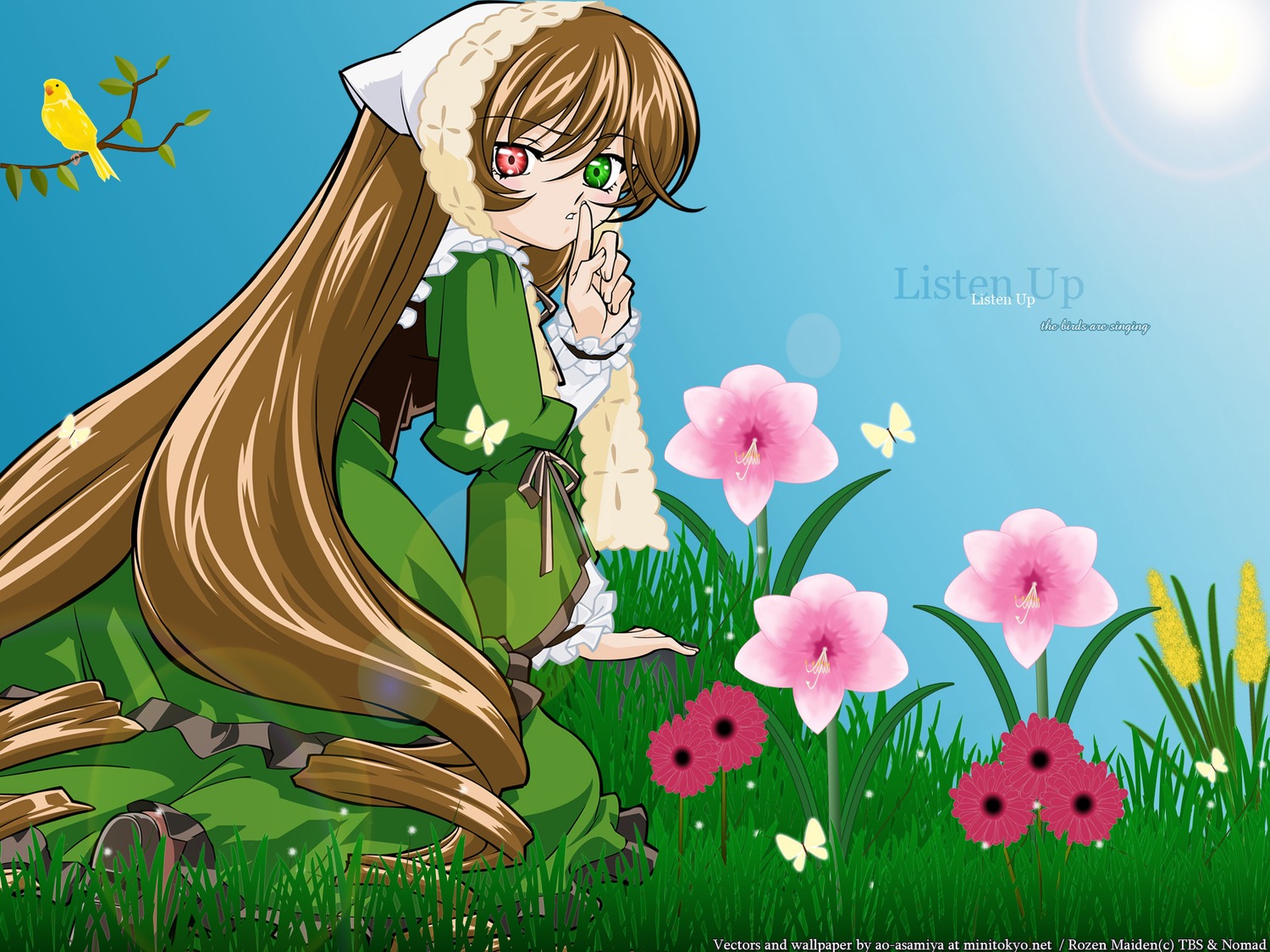 1girl blue_butterfly brown_hair bug butterfly copyright_name dress flower frills green_dress green_eyes heterochromia image insect long_hair long_sleeves looking_at_viewer looking_back red_eyes sitting solo suiseiseki very_long_hair