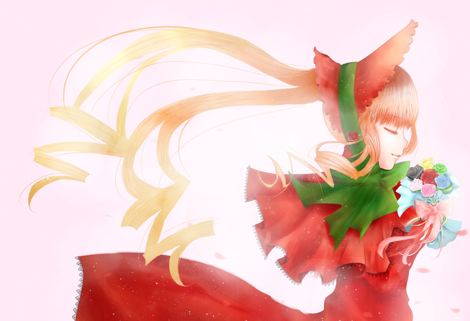 1girl bangs blonde_hair bonnet closed_eyes dress flower image long_hair red_dress red_flower red_rose rose shinku solo striped very_long_hair