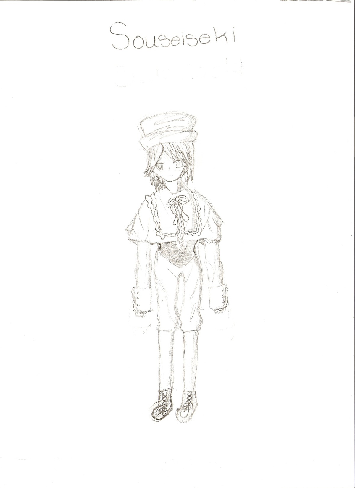 1girl full_body greyscale hat image long_sleeves monochrome ribbon shoes short_hair solo souseiseki standing