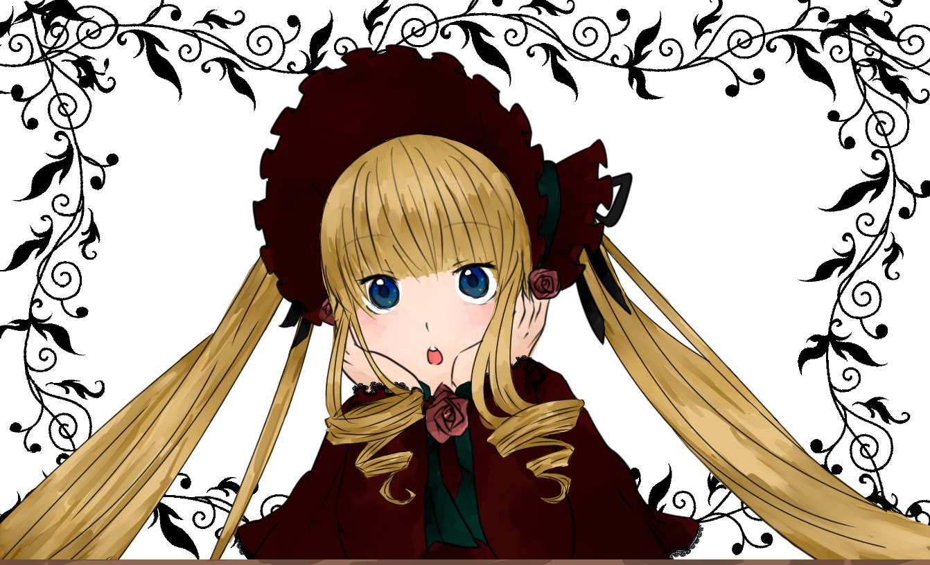 1girl auto_tagged blonde_hair blue_eyes blush bonnet bow bowtie drill_hair flower image long_hair looking_at_viewer open_mouth rose shinku sidelocks solo twintails upper_body white_background