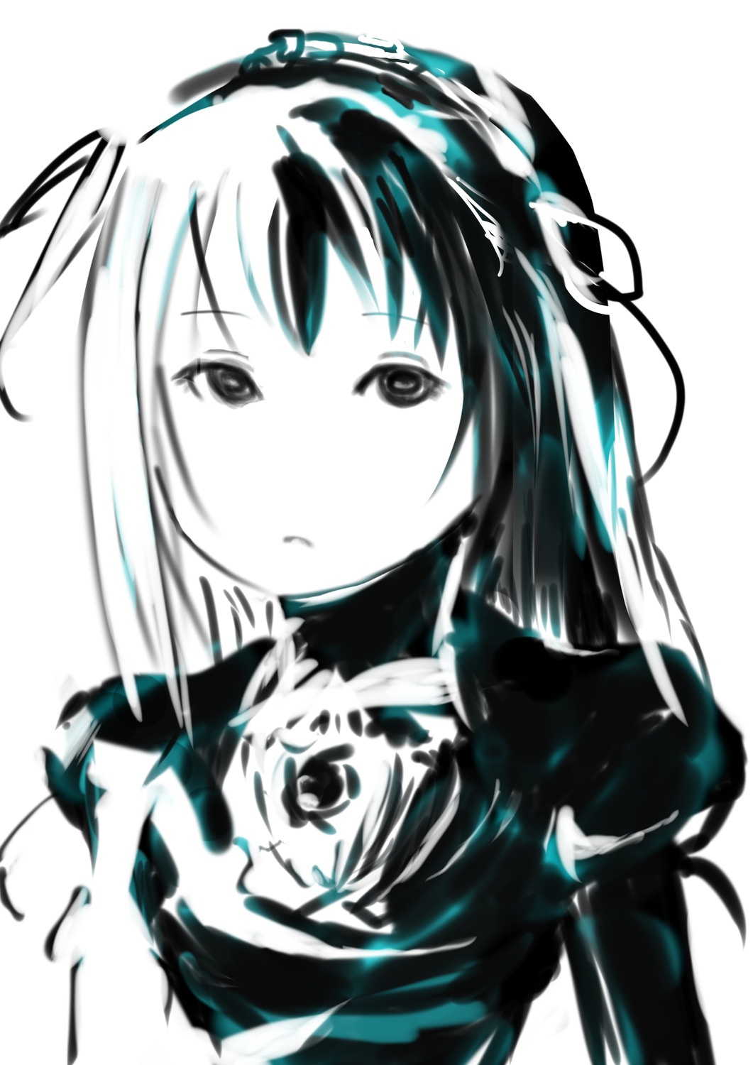 1girl auto_tagged bangs closed_mouth dress flower image juliet_sleeves long_hair long_sleeves looking_at_viewer monochrome puffy_sleeves simple_background solo striped suigintou upper_body white_background
