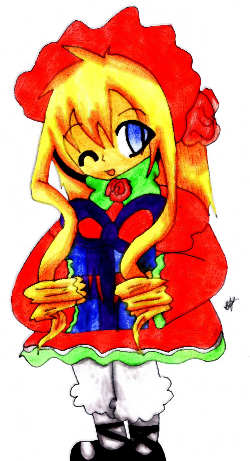 1girl auto_tagged blonde_hair blue_eyes dress flower full_body image long_hair long_sleeves one_eye_closed red_flower rose shinku simple_background smile solo standing white_background