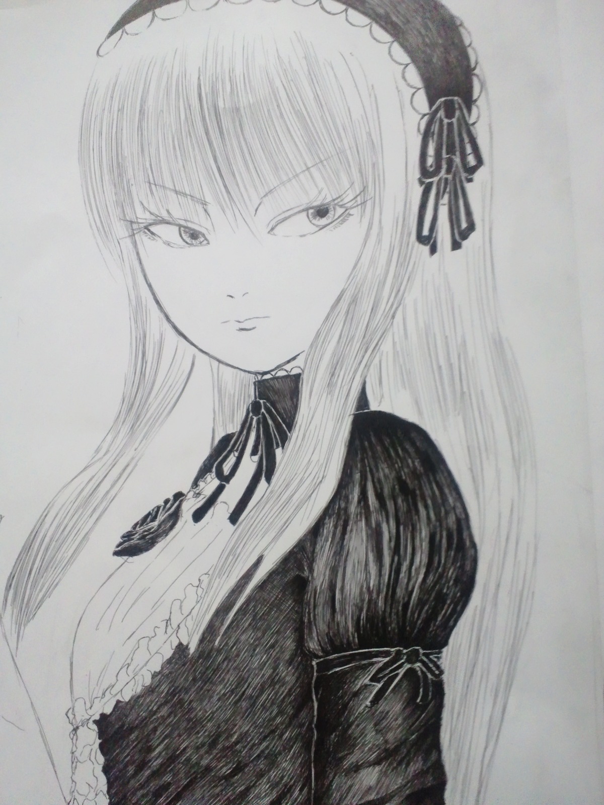 1girl closed_mouth dress frills graphite_(medium) greyscale hairband image juliet_sleeves long_hair long_sleeves looking_at_viewer monochrome neck_ribbon ribbon solo suigintou traditional_media upper_body