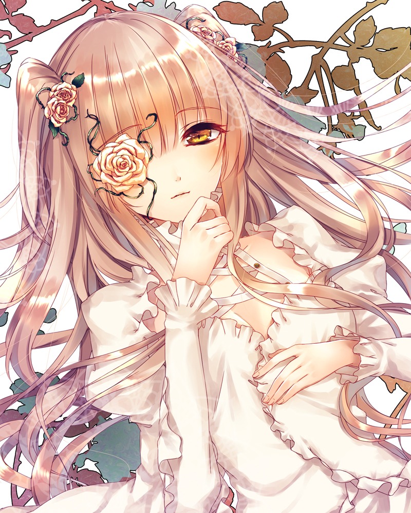 1girl bangs blonde_hair blunt_bangs brown_hair commentary_request dress eyepatch flower flower_over_eye hair_flower hair_ornament image kirakishou long_hair long_sleeves looking_at_viewer one_eye_closed photoshop_(medium) pink_rose ribbon rose rozen_maiden saijou_haruki solo thorns two_side_up upper_body white_dress white_ribbon yellow_eyes