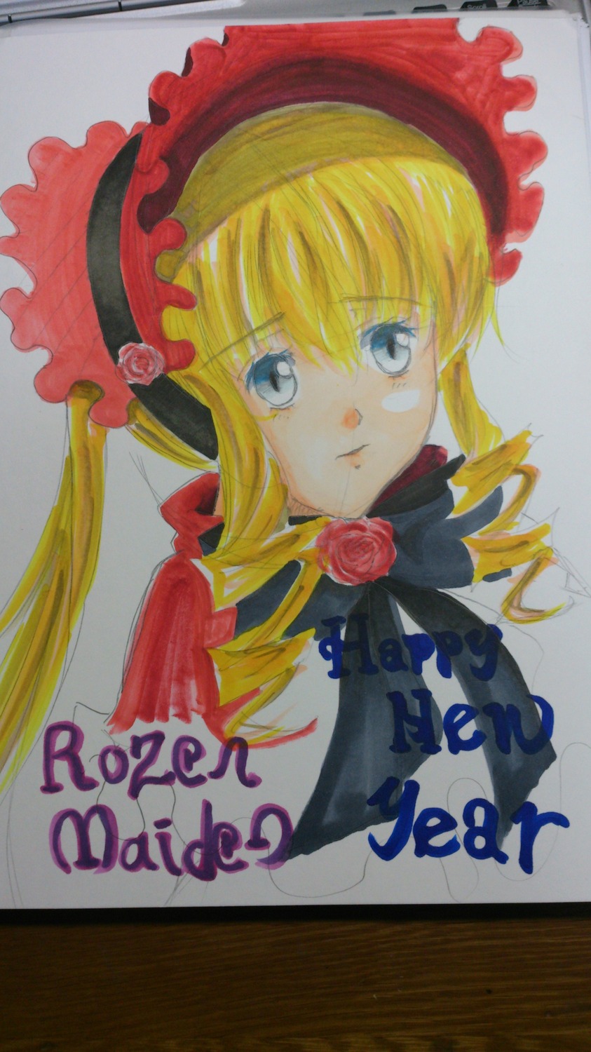 1girl blonde_hair blue_eyes bonnet bow drill_hair flower image long_hair looking_at_viewer marker_(medium) photo pink_flower pink_rose red_flower rose shikishi shinku simple_background solo traditional_media