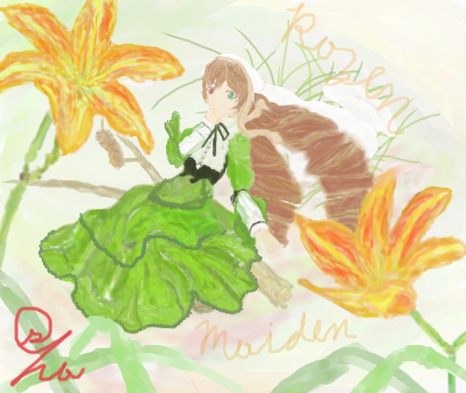 1girl black_ribbon brown_hair bug butterfly dress flower frills green_dress green_eyes heterochromia image insect leaf long_hair long_sleeves looking_at_viewer ribbon solo suiseiseki very_long_hair