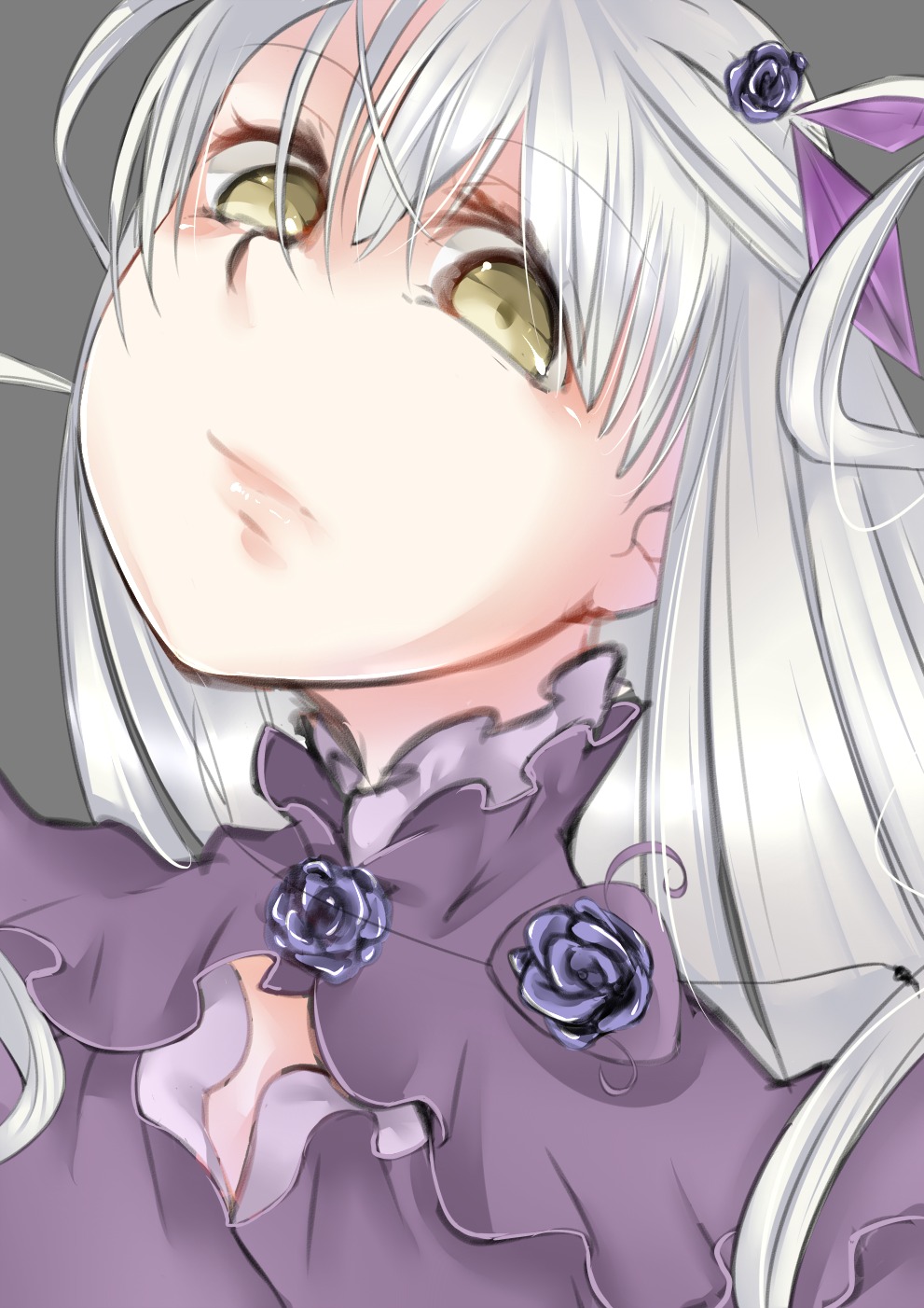 1girl barasuishou blue_flower blue_rose closed_mouth eyebrows_visible_through_hair flower hair_ornament image long_hair looking_at_viewer purple_flower purple_rose rose silver_hair simple_background solo yellow_eyes