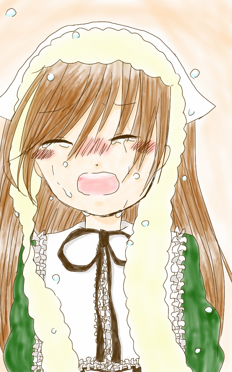 1girl blush brown_hair closed_eyes crying dress green_dress head_scarf image long_hair long_sleeves open_mouth solo suiseiseki tears upper_body