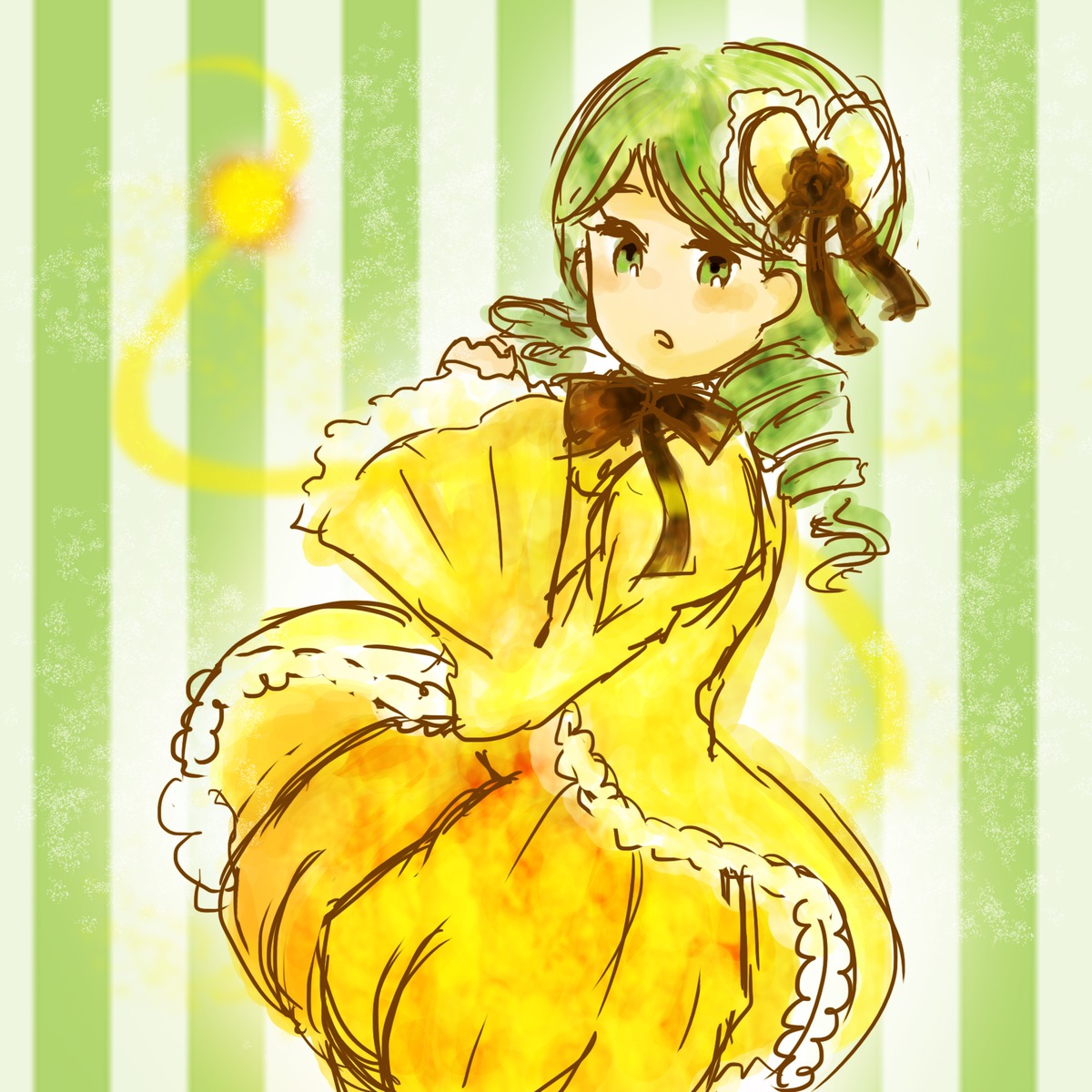 1girl :o bow dress drill_hair flower green_eyes green_hair hat image kanaria long_sleeves rose solo striped striped_background twin_drills vertical-striped_dress vertical_stripes yellow_dress