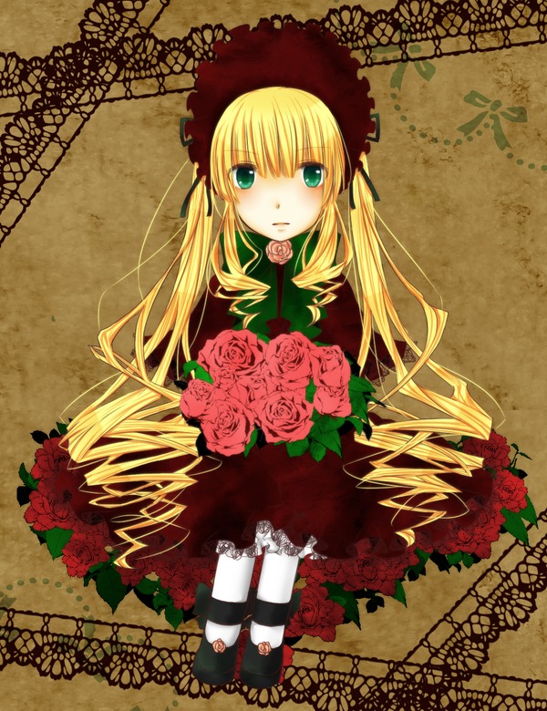 1girl auto_tagged blonde_hair dress flower image long_hair looking_at_viewer pink_rose red_flower red_rose rose shinku solo twintails very_long_hair