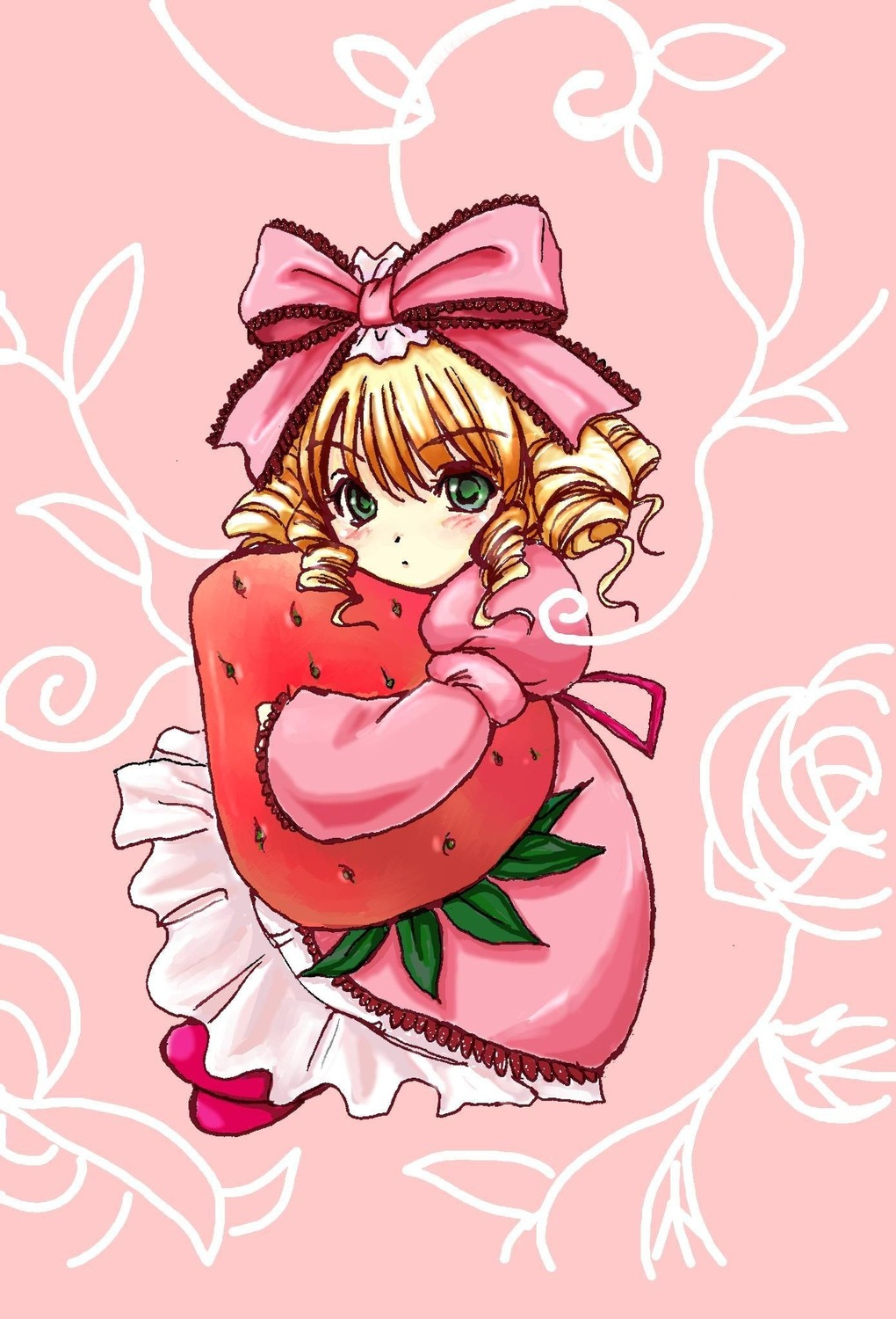 1girl blonde_hair blush bow dress drill_hair food fruit full_body green_eyes hair_bow hina_ichigo hinaichigo image long_sleeves looking_at_viewer object_namesake pink_background pink_bow pink_dress pink_legwear short_hair solo strawberry