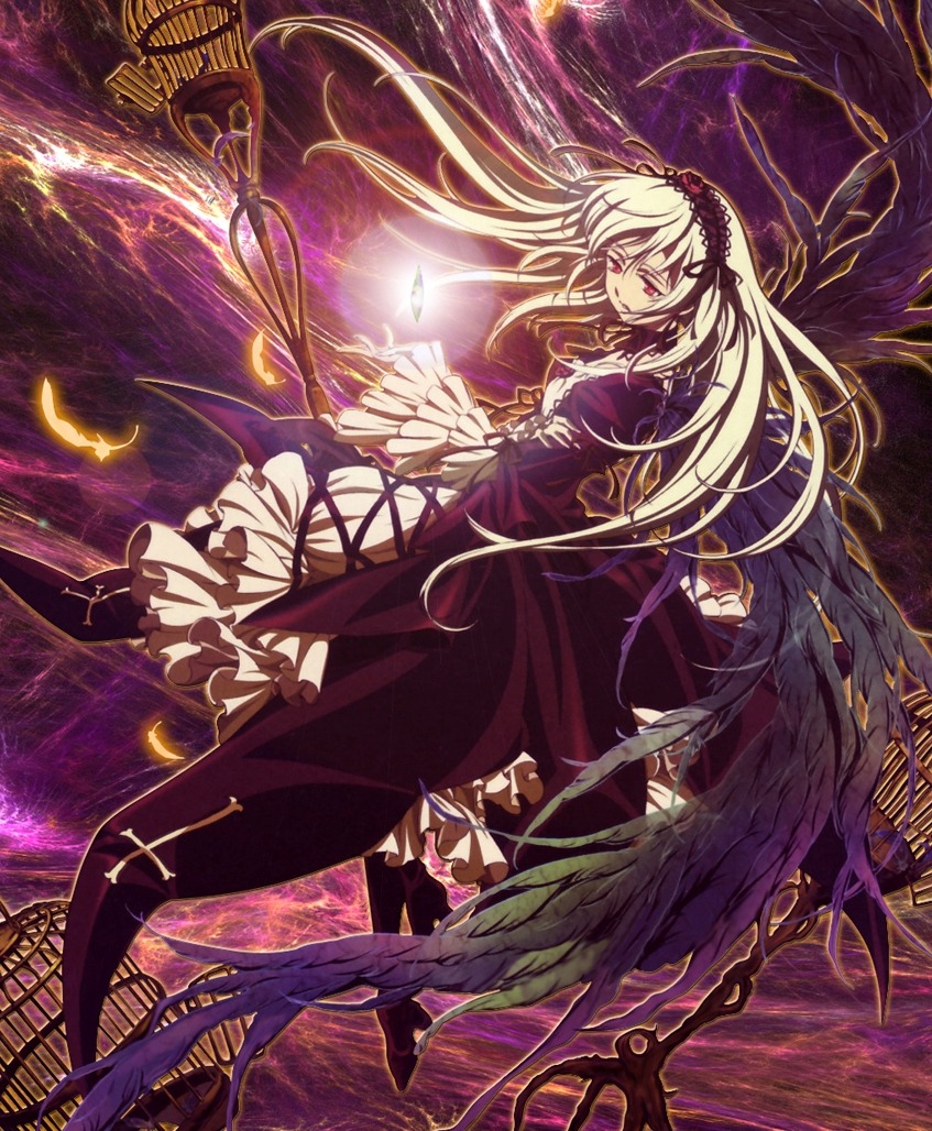 1girl black_wings dress feathered_wings feathers floating_hair flower frills hairband image long_hair long_sleeves looking_at_viewer red_eyes ribbon rose silver_hair solo suigintou very_long_hair wings