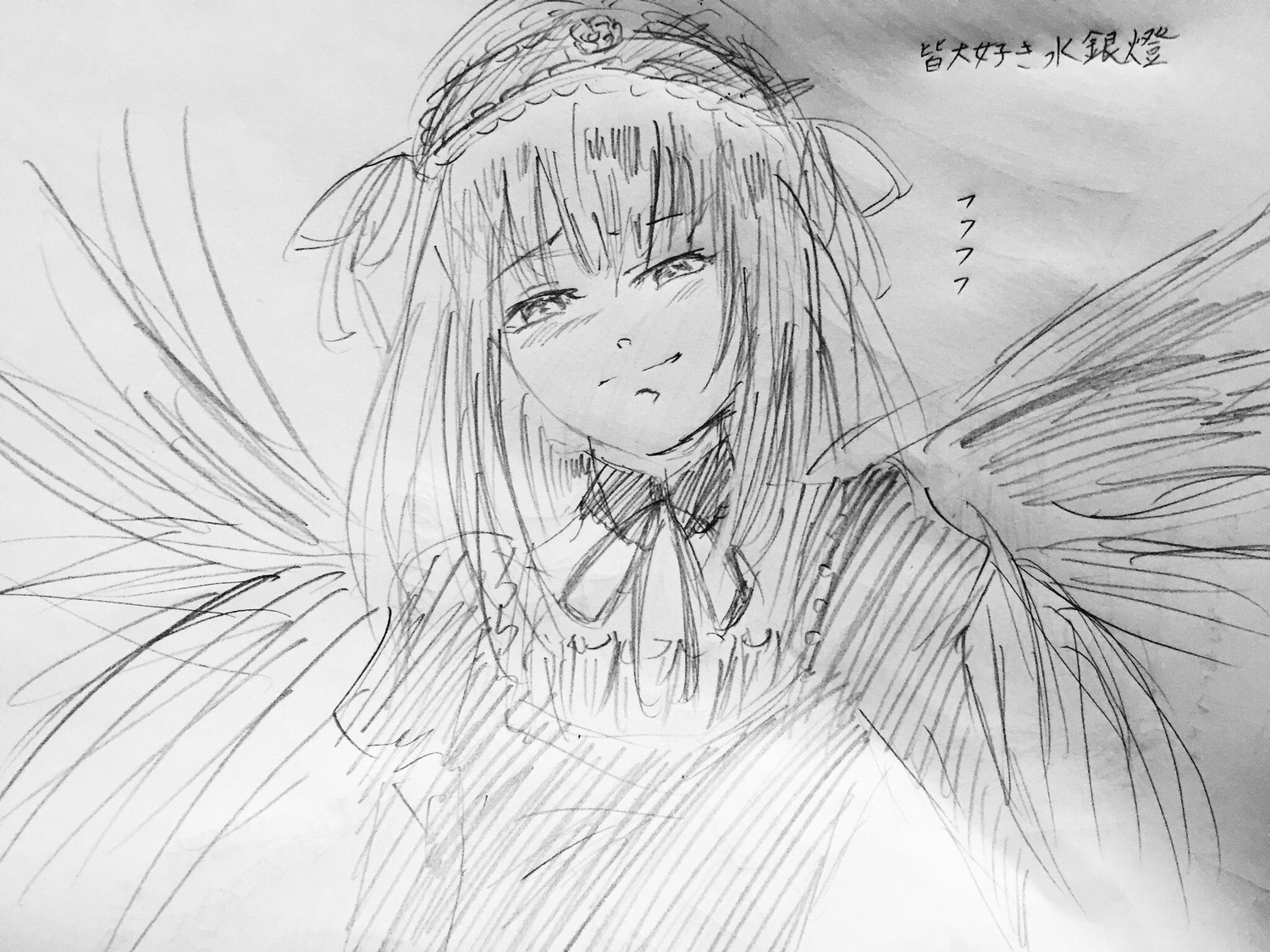 1girl closed_mouth dress feathered_wings greyscale hairband image lolita_hairband long_hair long_sleeves looking_at_viewer monochrome ribbon smile solo suigintou traditional_media upper_body wings