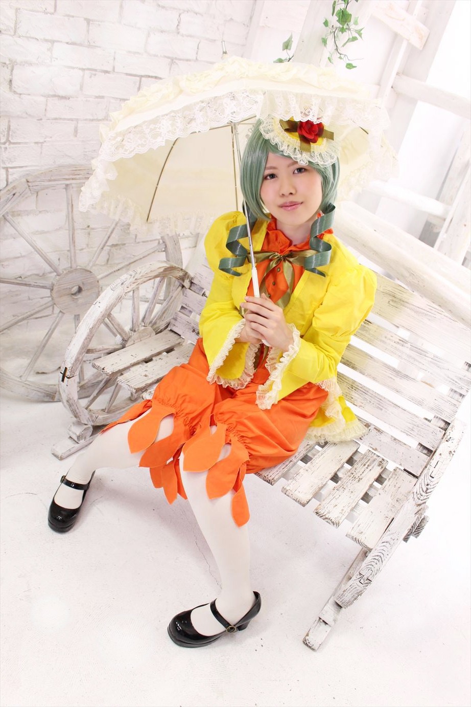 1girl black_footwear dress flower hat kanaria mary_janes realistic shoes solo umbrella white_legwear yellow_dress
