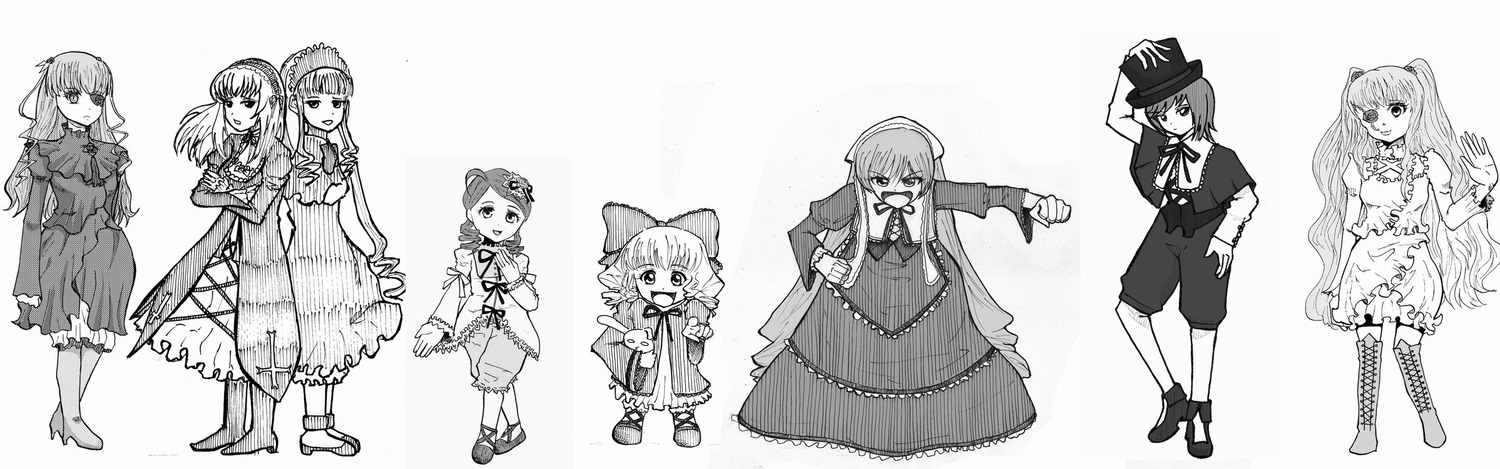 6+girls boots bow dress greyscale hair_ornament hat image long_hair long_sleeves monochrome multiple multiple_girls open_mouth short_hair smile tagme twintails