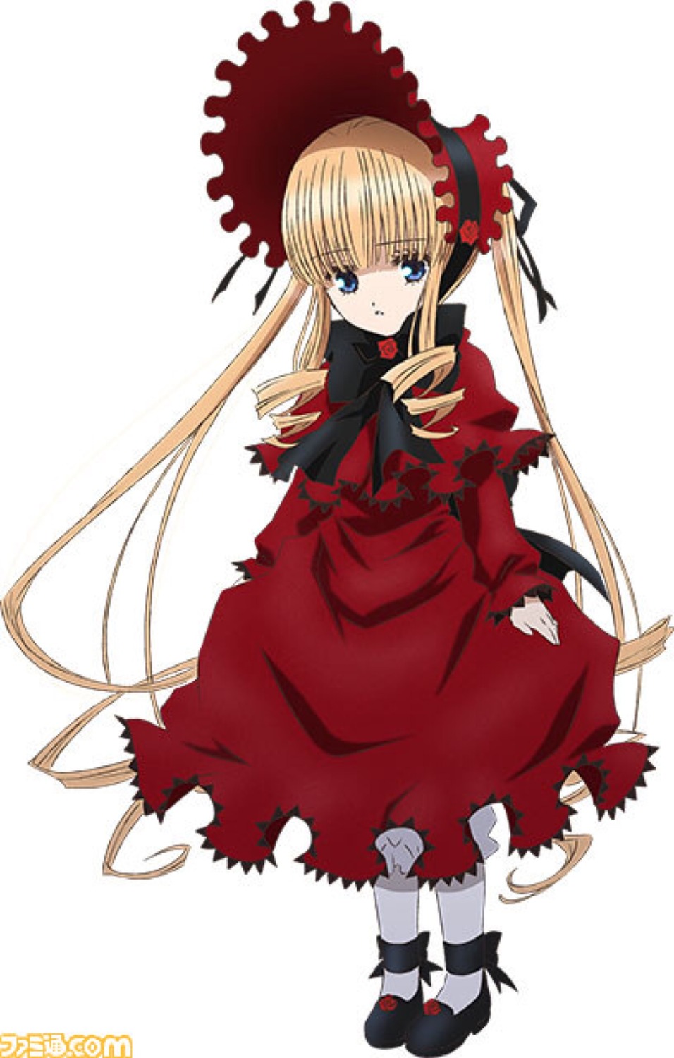 1girl blonde_hair blue_eyes bonnet bow bowtie capelet dress full_body image long_hair long_sleeves looking_at_viewer red_dress shinku shoes simple_background solo standing torn_clothes twintails very_long_hair white_background