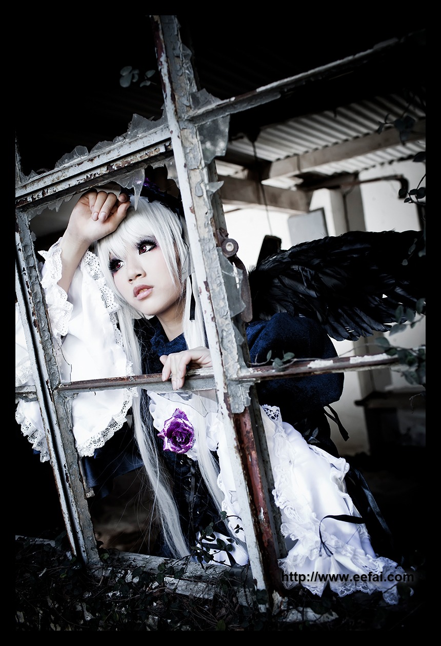 1girl dress flower gothic_lolita lolita_fashion long_hair rose solo suigintou white_hair wings