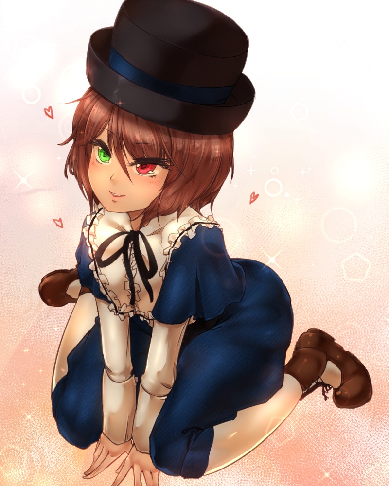 1girl blue_dress blush boots brown_footwear brown_hair dress green_eyes hat heart heterochromia image long_sleeves looking_at_viewer red_eyes ribbon shoes short_hair smile solo souseiseki