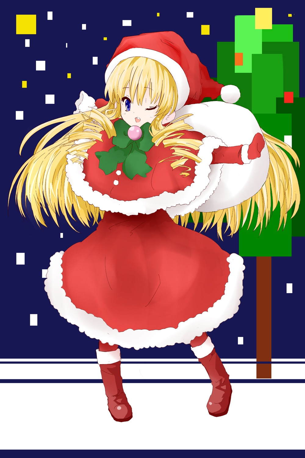 1girl blonde_hair blue_eyes boots drill_hair full_body gloves hair_ornament hat image long_hair one_eye_closed open_mouth red_gloves shinku solo