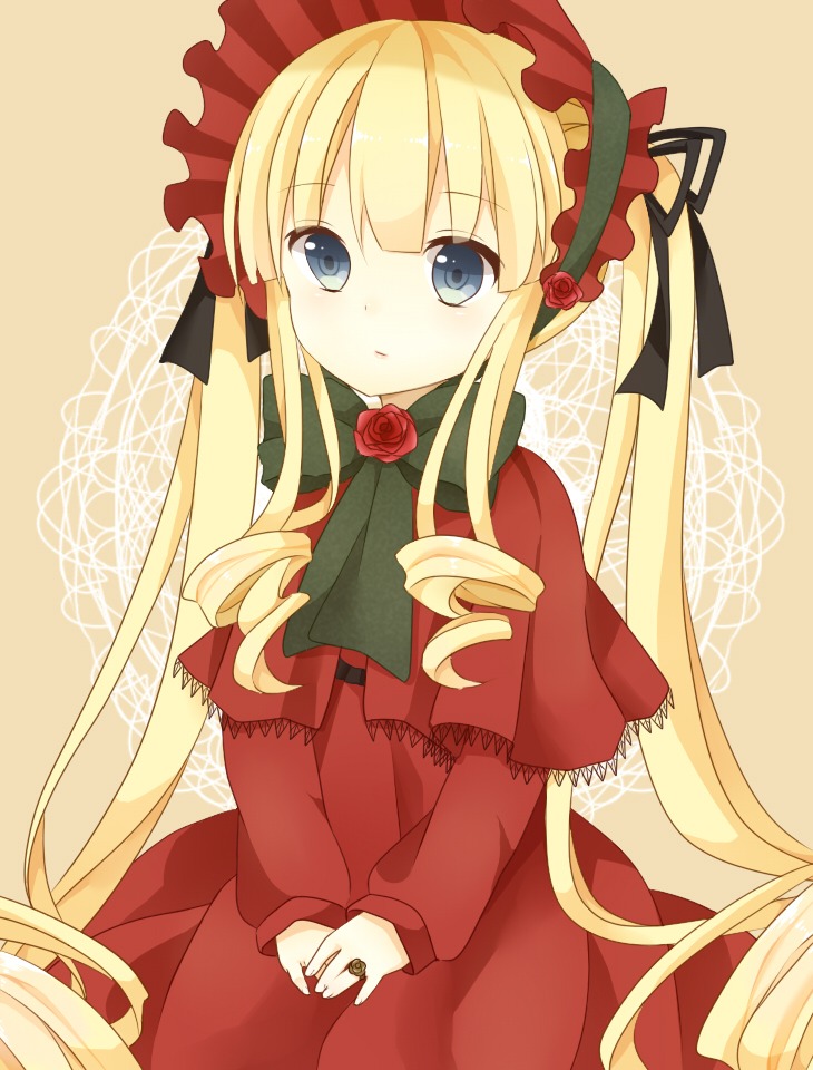 1girl blonde_hair blue_eyes blush bonnet bow dress drill_hair flower image long_hair long_sleeves looking_at_viewer rose shinku sidelocks simple_background solo twin_drills twintails v_arms very_long_hair