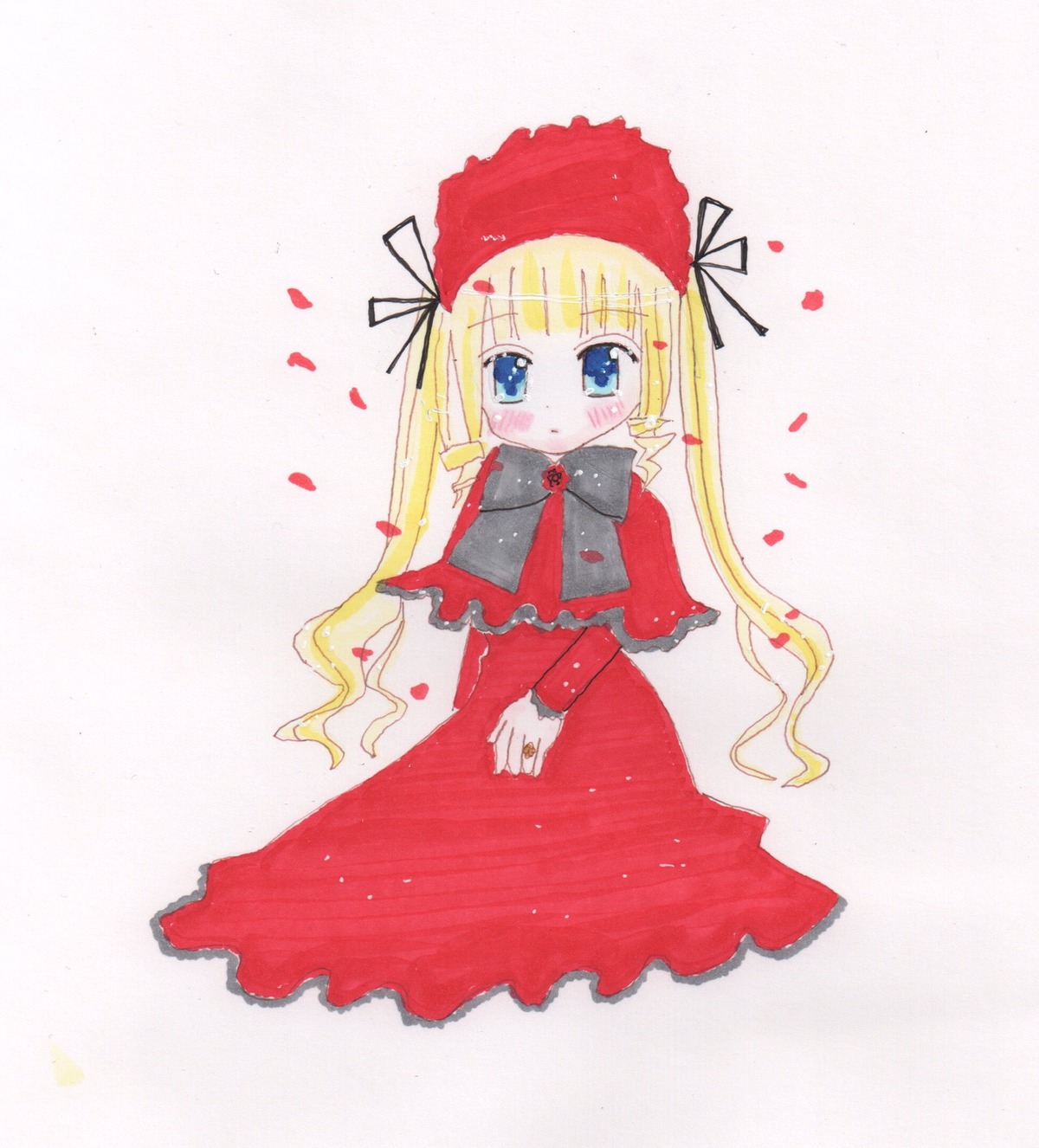 1girl blonde_hair blue_eyes blush bow bowtie capelet dress image long_hair long_sleeves looking_at_viewer petals red_dress rose_petals shinku solo twintails very_long_hair