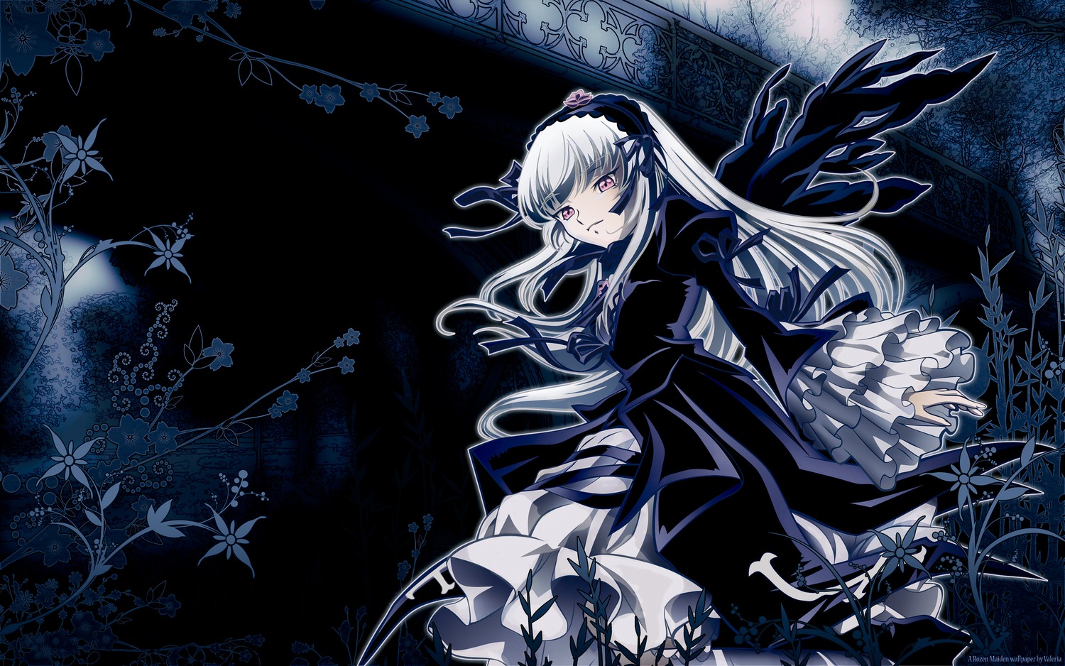 1girl dress flower frills hairband image juliet_sleeves long_hair long_sleeves looking_at_viewer pink_eyes plant silver_hair solo suigintou very_long_hair wide_sleeves wings