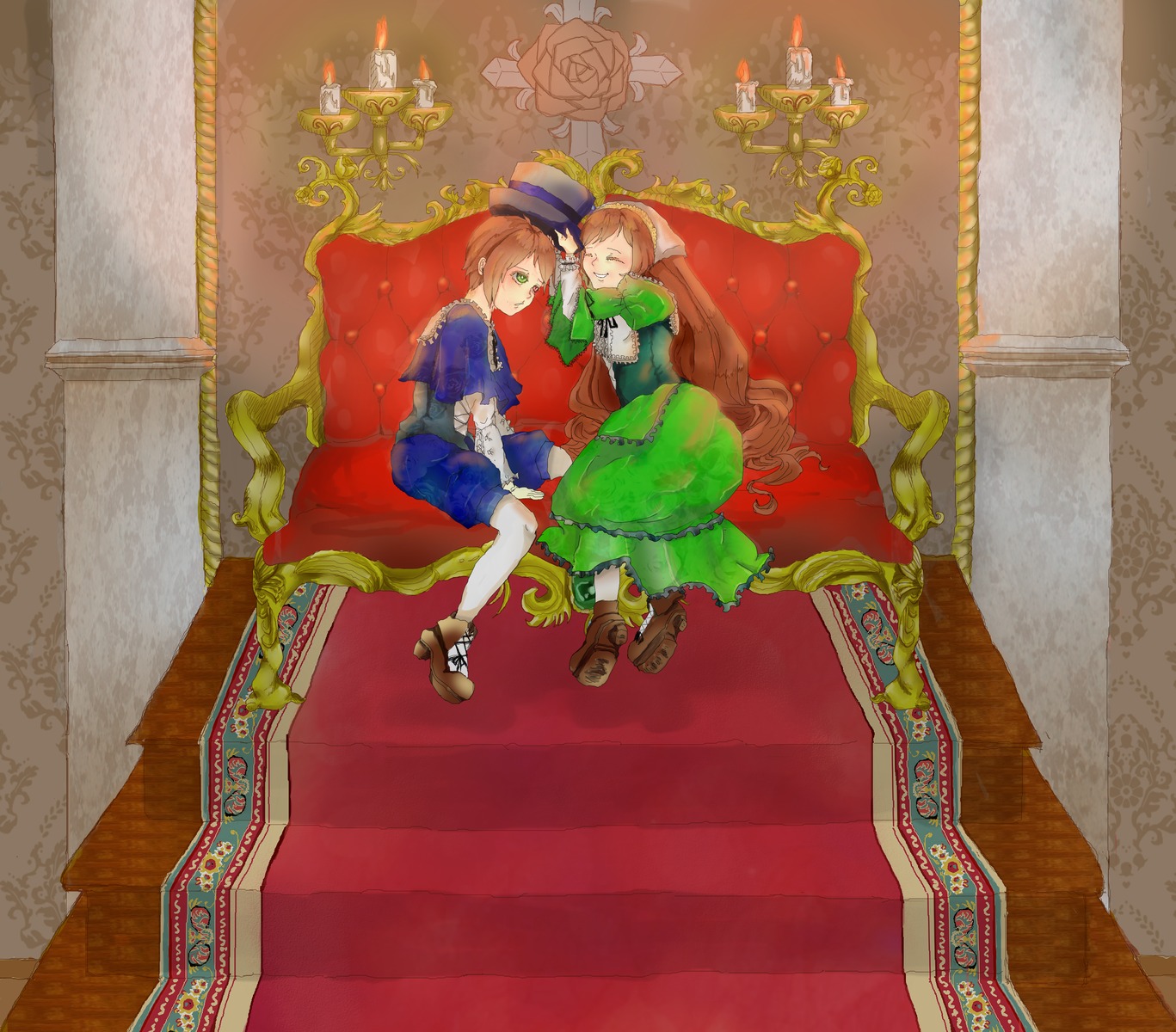 brown_hair closed_eyes flower green_eyes hat image multiple_boys painting_(object) pair souseiseki suiseiseki throne